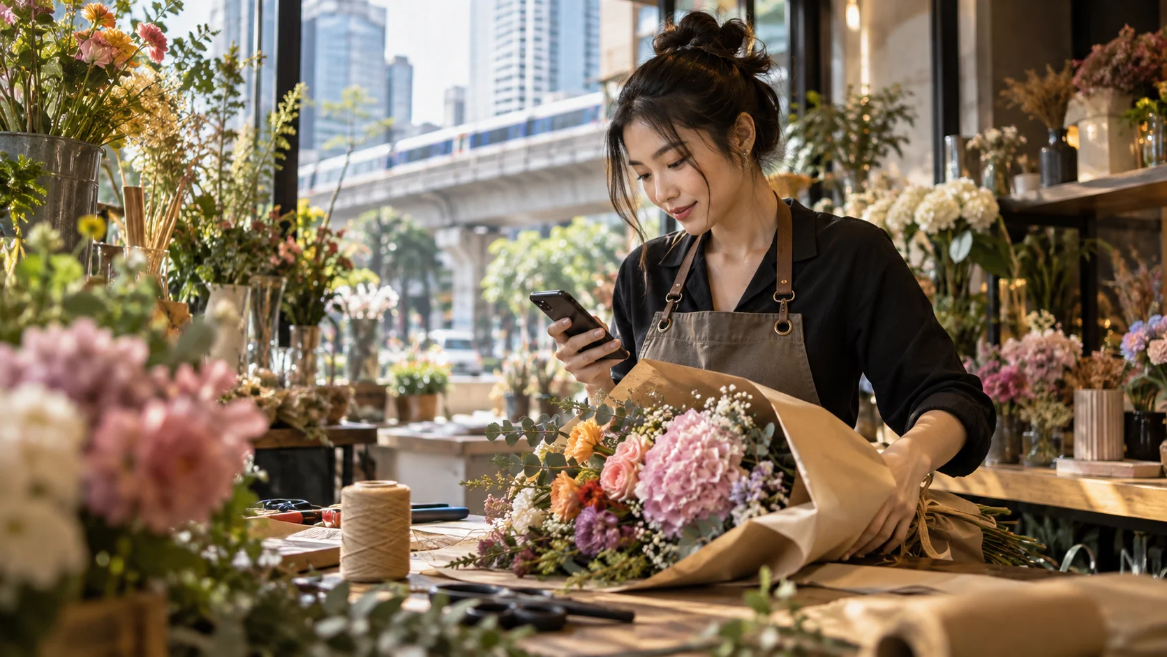 เจ้าของร้านดอกไม้จัดช่อดอกไม้