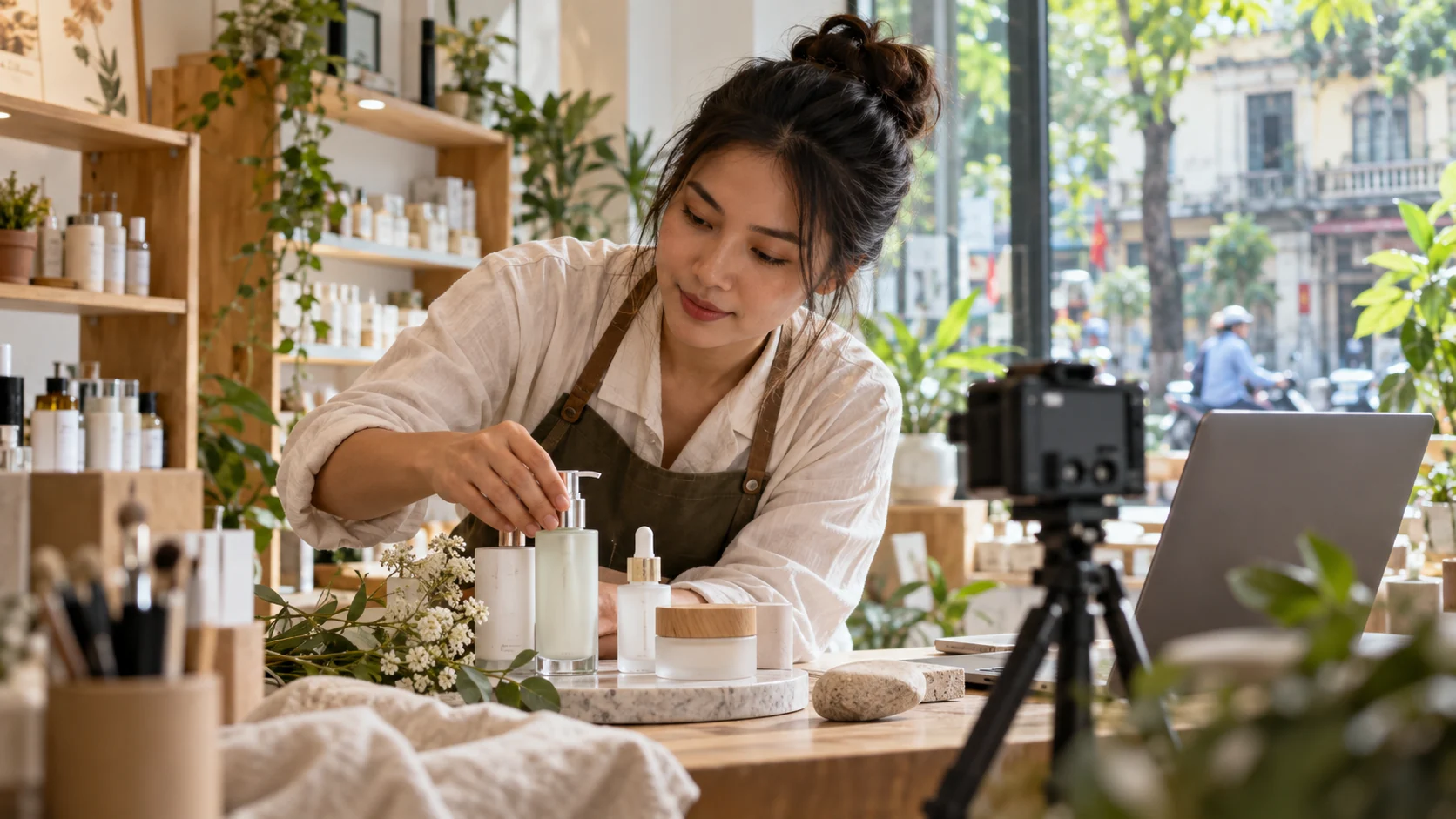 Ảnh minh họa chủ cửa hàng chăm sóc da chụp sản phẩm