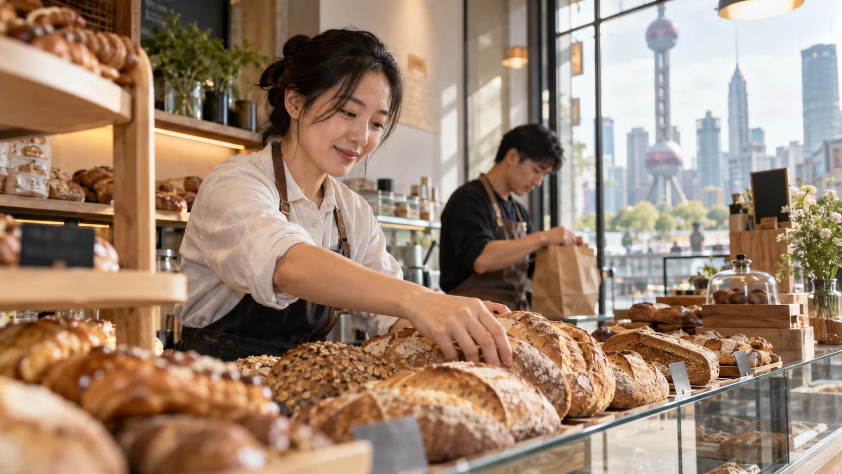 烘焙店店主管理店铺的示意图