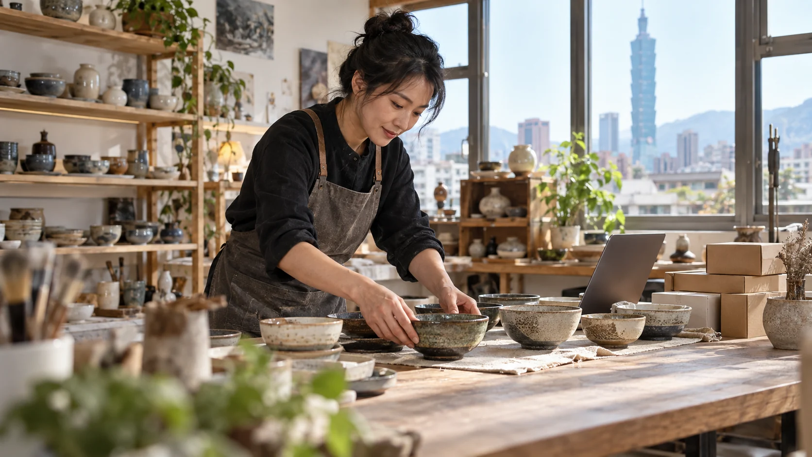 工作室店主擺放手作陶器